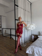 Seksi Dantel Kırmızı Jartiyerli Takım